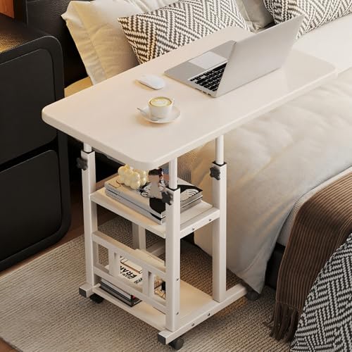 Höhenverstellbarer Schreibtisch Holz mit 2 Regal, Laptoptisch Beistelltisch C Form mit Rollen Sofatisch für Wohnzimmer Schlafzimmer(White,60cm/23.6in) von VOLDAX
