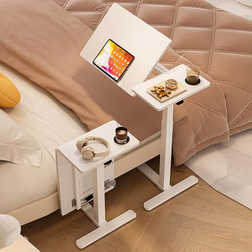 Mobiler Beistelltisch Höhenverstellbarer Pflegetisch für Bett mit 4 Rollen, 66.5-103.8cm Gestell aus Metall Kleiner Laptoptisch für Büro Wohnzimmer(White) von VOLDAX