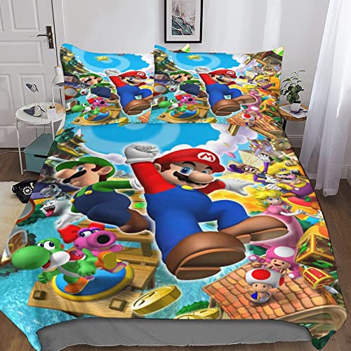 Super Mario Bettwäsche 3D Bettbezüge Schlafkomfort Microfaser Zeichentrickfilme Bettbezug Set 3-teilig Für Jugendliche Jugend Mädchen Jungen Bettbezug Double（200x200cm） von VOLDAX