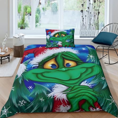 VOLDAX Christmas Fantastisches Bettwäsche Set Aus Microfaser Für Jungen, 2teilig Mit Grinch New Year Bettbezug, Kissenbezug Und Deckenbezug Als Geburtstagsgeschenk Single（135x200cm） von VOLDAX