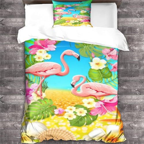VOLDAX Flamingos-Bettbezug, 3D-Tier-Bettwäsche, rosa Bettbezüge, Mikrofaser-Bettbezug mit Kissenbezügen, Einzelbett (135 x 200 cm) von VOLDAX