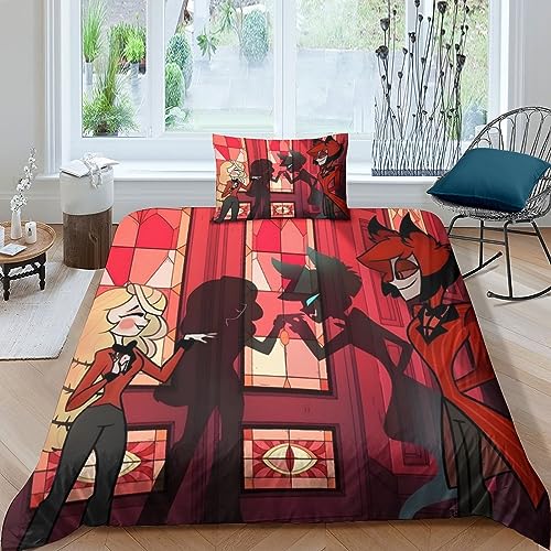 VOLDAX Hazbin Hotel Schönes Bettwäsche Satz Aus Microfaser Für Kinderzimmer Mit Lustigem 3D Motiv Anime Movie,inklusive Hochwertigem Bettbezug Und Kissenbezug Single（135x200cm） von VOLDAX