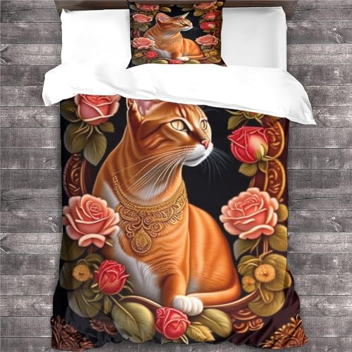 VOLDAX Katzen-Bettwäsche-Set, Tier-Bettbezug-Set, 3-teilig, Mikrofaser, 3D, niedliches Haustier-Schlafzimmer, Bettwäsche-Set für Einzelbett (135 x 200 cm) von VOLDAX