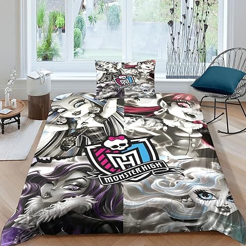 VOLDAX Monster High Aufregendes Bettwäsche Satz Microfaser 2teilig Mit 3D Bettbezug, Farblich Abgestimmtem Kissenbezug Und Reißverschluss, Für Kinderzimmer Single（135x200cm） von VOLDAX