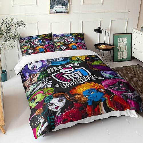 VOLDAX Monster High Gemütliches Bettwäsche Set Microfaser 3teilig Mit 3D Magical Girl Bettbezug, Passendem Kissenbezug Und Reißverschluss, Schönes Ostergeschenk Für Omas Schlafzimmer King（220x240cm） von VOLDAX