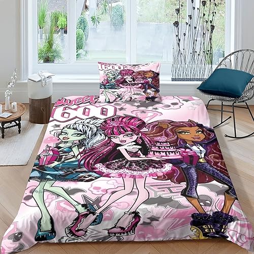 VOLDAX Monster High Schönes Bettwäsche Satz Aus Microfaser Für Kinderzimmer Mit Lustigem 3D Motiv,inklusive Hochwertigem Bettbezug Und Kissenbezug Single（135x200cm） von VOLDAX