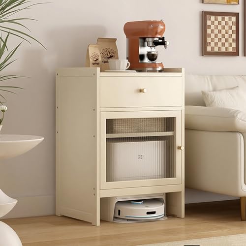 VOLDAX Roboter-Staubsauger-Standschrank Bambus-Standschrank mit verstellbarem Regal und Schublade, Beistelltisch für Wohnzimmer oder Homeoffice(White) von VOLDAX