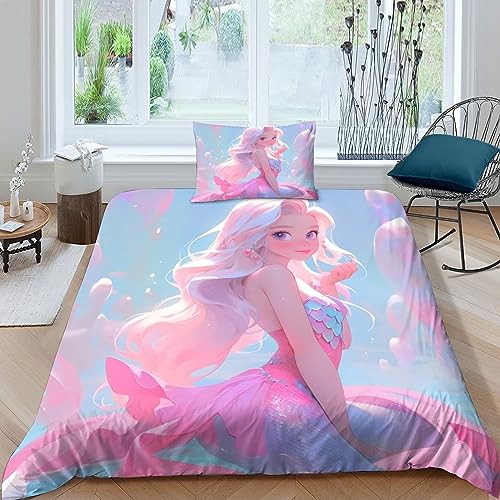 VOLDAX Rosa lila Meerjungfrau Bettwäsche 2Teilig 3D Motiv Bettwäsche Set Blätter Aesthetic Microfaser Luxus Modern Bettbezüge Und Kissenbezüge Für Kinder-und Jungenzimmer Single（135x200cm） von VOLDAX