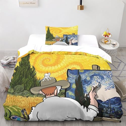 VOLDAX Van Gogh 3 Teiliges Bettwäsche Sets Illustrationen Drucken Bettdecke Set Karikatur Bettbezug Sets Mikrofaser Baumwolle Bequem Weich Bettbezug Kissenbezug Single（135x200cm） von VOLDAX