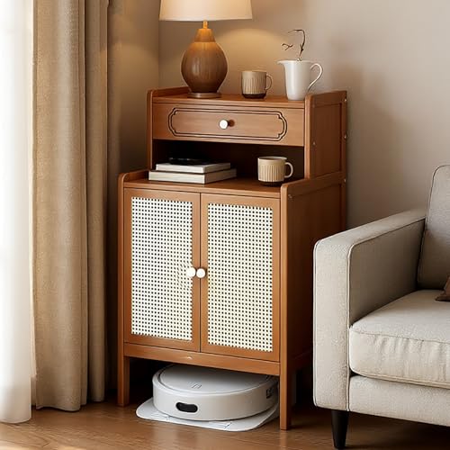 VOLDAX Versteckter Schrank für Saugroboter mit Türen und Schubladen, Bambus-Standschrank Rattan-Beistelltisch, for Kleine Räume Wohnzimmer Schlafzimmer(Brown) von VOLDAX