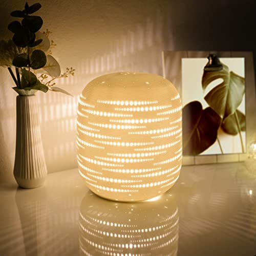 VOLIOS® Keramik Tischlampe ink. 6 Watt LED Birne I Dekolampe I Nachttischlampe I Tischleuchte weiß I beleuchtete Deko (Hemi mit Lochmuster) von VOLIOS