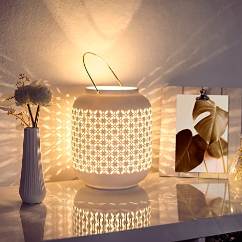 VOLIOS® Keramik Tischlampe ink. 6 Watt LED Birne I Dekolampe I Nachttischlampe I Tischleuchte weiß I beleuchtete Deko (Laterne) von VOLIOS