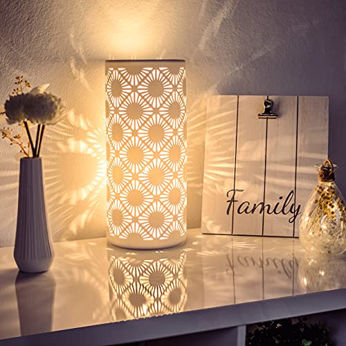 VOLIOS® Keramik Tischlampe ink. 6 Watt LED Birne I Dekolampe I Nachttischlampe I Tischleuchte weiß I beleuchtete Deko (Zylinder) von VOLIOS