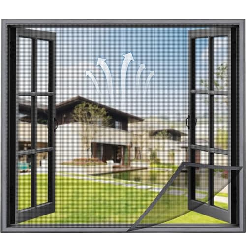 Fliegengitter Fenster 85x115cm Insektenschutznetz Fliegengitter mit Klettverschluss, Ohne Bohren Fenster Insektenschutz Netz Window Screen (Schwarz) von VOLLENC