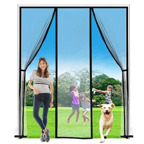 Fliegengitter Tür Linke Rechts Zwei Öffnungen Magnet Fliegengitter Balkontür, Insektenschutz Fliegenvorhang Ohne Bohren mit Selbstklebendes Klettband (90x205cm, Schwarz) von VOLLENC