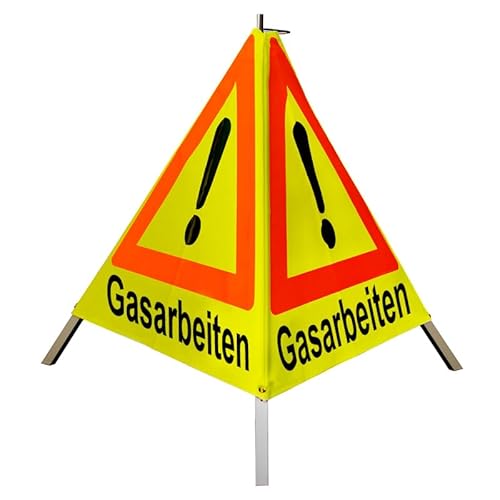 Warnpyramide/Faltsignal 70 cm - Achtung(VZ101) "Gasarbeiten" - tagesl. gelb, leicht von VOLMER VERMESSUNGSGERÄTE- & AKKU-SERVICE