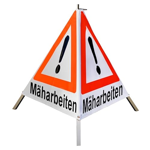 Warnpyramide/Faltsignal 70 cm - Achtung (VZ101) "Mäharbeiten" - weiß tagesl., schwer von VOLMER VERMESSUNGSGERÄTE- & AKKU-SERVICE
