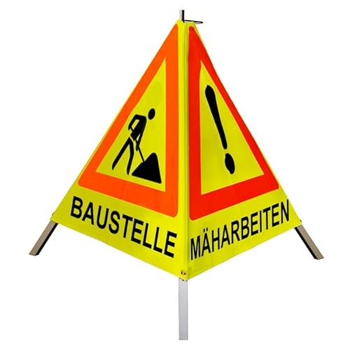 Warnpyramide/Faltsignal 90cm - BAUMFÄLLUNG MÄHARBEITEN(VZ101) BAUSTELLE(VZ12), leicht, gelb tagesl. von VOLMER VERMESSUNGSGERÄTE- & AKKU-SERVICE