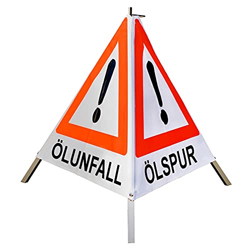 Warnpyramide/Faltsignal Achtung(VZ101) "ÖLSPUR/ÖLUNFALL/UNFALL" 70cm - weiß tagesleuchtend, leicht von VOLMER VERMESSUNGSGERÄTE- & AKKU-SERVICE