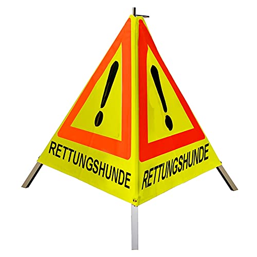 Warnpyramide/Faltsignal Achtung (VZ101) "RETTUNGSHUNDE" 90cm - gelb tagesl. - schwer m Feder von VOLMER VERMESSUNGSGERÄTE- & AKKU-SERVICE