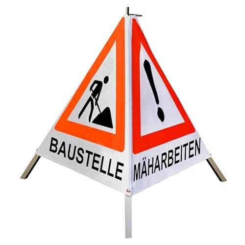 Warnpyramide/Faltsignal BAUMFÄLLUNG MÄHARBEITEN(VZ101) BAUSTELLE(VZ12), 90cm schwer, weiß-tagesl. von VOLMER VERMESSUNGSGERÄTE- & AKKU-SERVICE