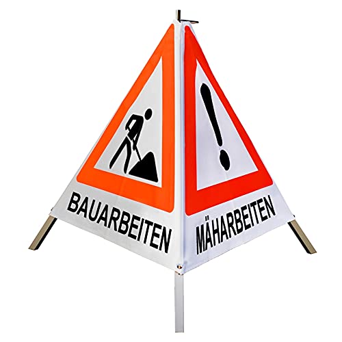 Warnpyramide/Faltsignal VZ101 & VZ123 "MÄH-/ BAUM-/ BAUARBEITEN" 70cm - weiß tagesleuchtend, schwer von VOLMER VERMESSUNGSGERÄTE- & AKKU-SERVICE