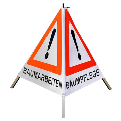 Warnpyramide 90cm - Achtung(VZ101) "BAUMARBEITEN/BAUMPFLEGE/BAUMFÄLLUNG" - weiß tagesl., leicht von VOLMER VERMESSUNGSGERÄTE- & AKKU-SERVICE