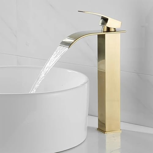 VOLTIX Wasserfall-Badezimmerarmatur - Einhebel-Waschtischmischer mit Wasserspar - Einstellbar für heißes und kaltes Wasser - Modernes elegantes Design Waschtischarmatur für Badezimmer (Gold/Hoch) von VOLTIX