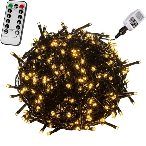 VOLTRONIC LED Lichterkette, IP44, Modell- und Farbwahl, 50 LEDs, Grünes Kabel, warmweiß, Fernbedienung von VOLTRONIC