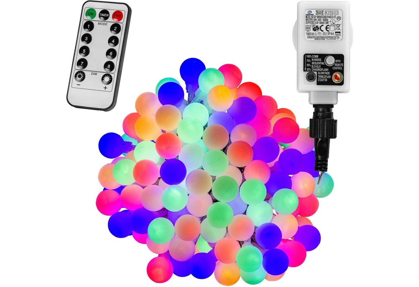 VOLTRONIC LED-Lichterkette 50 100 200 LED Party Kugel Lichterkette, mit Timer, 8 Programme, Fernbedienung, für innen und außen, IP44 von VOLTRONIC