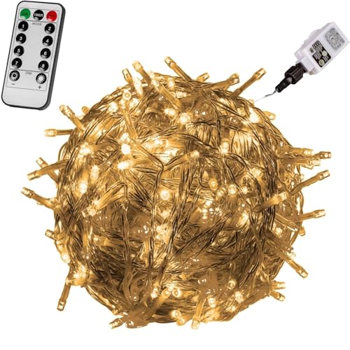 VOLTRONIC LED Lichterkette, IP44, Modell- und Farbwahl, 100 LEDs, Transparentes Kabel, warmweiß, Fernbedienung von VOLTRONIC