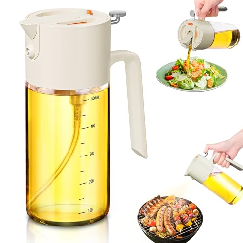 VOMEP Olive Oil Dispenser, 2 in 1 Oil Sprayer for Cooking, 16oz/470ml Glass Oil Spray Bottle with Pourer, Food-grade Oil Dispenser and Oil Sprayer for Kitchen, Salad, Frying, BBQ (Cremeweiß) von VOMEP