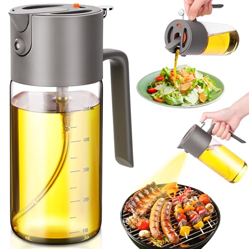 VOMEP Olive Oil Dispenser, 2 in 1 Oil Sprayer for Cooking, 16oz/470ml Glass Oil Spray Bottle with Pourer, Food-grade Oil Dispenser and Oil Sprayer for Kitchen, Salad, Frying, BBQ（Silbergrau） von VOMEP