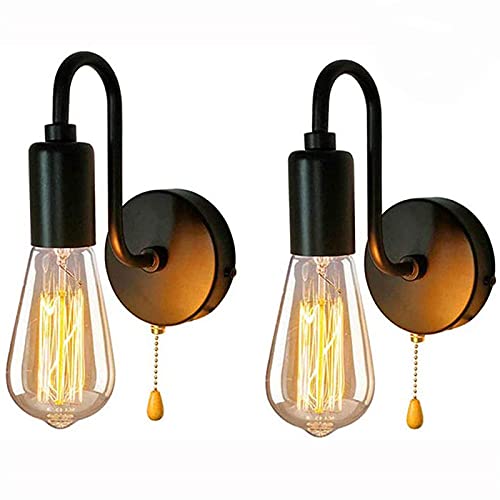 2 Pack Wandlampe Retro Industrial Wandleuchte mit Zugschnur Schalter, E27 Innen Leseleuchten Wandstrahler Metall Schwarz Nachttischlampe Wandspot Lampe für Schlafzimmer Wohnzimmer Veranda Korridor von VOMI