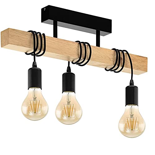 E27 Retro Pendelleuchte Industrielle Vintage Industrial Holz Hängeleuchte Kreativität 3 Flamme Kronleuchter Höhen Verstellbar Loft Antike Hängelampe für Esszimmer Wohnzimmer Schlafzimmer VOMI,Schwarz von VOMI