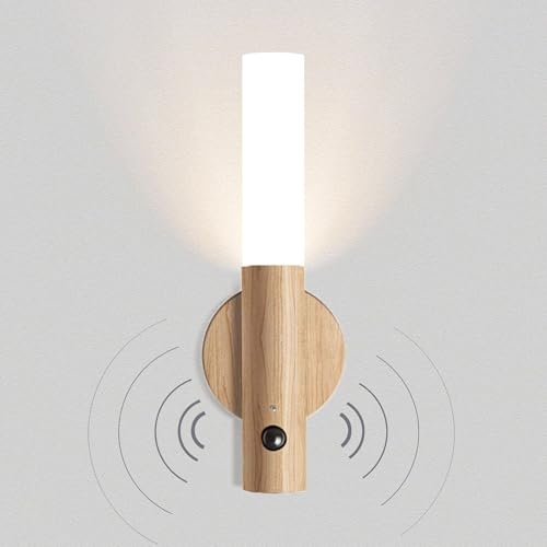 VOMI Holz Wandlampe Innen Akku Batterie Wandleuchte mit Bewegungsmelder USB Aufladbar Kabellos Treppen Licht Wand Nachtlicht LED Magnetische Batteriebetrieben Flur Lampe Treppenbeleuchtung von VOMI