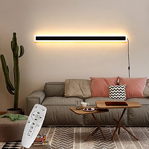 Innen Dimmbar Wandleuchte mit Fernbedienung, LED Streifen Up Down Wandlampe mit Schalter und Stecker, Schwarz Aluminium Wandbeleuchtung Wohnzimmer Schlafzimmer Treppe Lang Wandspot Lampe,100cm 60w von VOMI