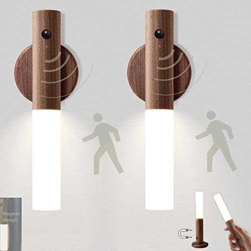 VOMI Kabellos LED Wandleuchte Innen mit Bewegungsmelder Akku USB Aufladung Holz Nachtlicht Batterie Magnetisch Wandbeleuchtung Flur Lampe Küche Treppenhaus 2 Stück von VOMI