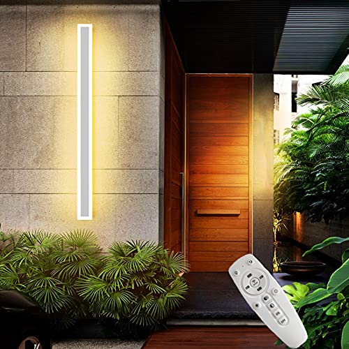 LED Aussen Innen Wandleuchte mit Fernbedienung Dimmbar, IP65 Wasserdichte Weiß Aluminium Rechteck Außenwandleuchte Lang Strip Aussenleuchte Garten Garage Schlafzimmer Wohnzimmer Außenlampe,120cm 68w von ANKBOY