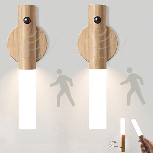 Wandleuchte LED Nachtlicht mit Bewegungsmelder Batterie USB Wiederaufladbar 2er Set Holz Lampe Wand Schrankbeleuchtung Bewegungssensor Schrankleuchten Magnet Nachtlamp Wandbeleuchtung Schrank Warmweiß von VOMI