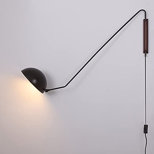 Langer Arm Verstellbar Wandlampe Retro Industrie mit Stecker Vintage Schwarzes Metall Innen Wandleuchte Mit Schalter und Netzkabel Schwenkbar Flexible Nachttischlampe Holz für Schlafzimmer Studie E27 von VOMI