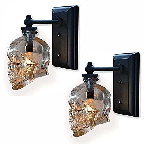 Schwarz Vintage Wandleuchte Innen Retro LED Schädel Lampe Wandlampe Badezimmer Ndustrielampe Kristallglas Totenkopf Lampe E14 Glas Wandbeleuchtung für Party Bar Restaurant Korridor Loft Deko, 2 Stück von VOMI