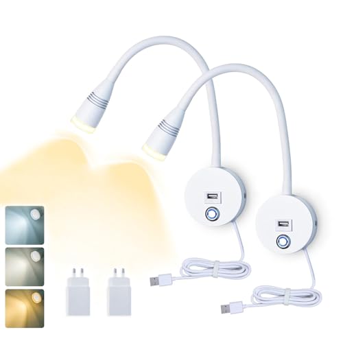 VOMI 2 Stück LED Leselampe Wandmontage Dimmbar Touch Wandleuchte Innen mit Schalter und USB-Ladeanschluss, 360° Flexible Schwanenhals Lampe Bett Wandlampe Wand-Leselampen mit USB Ladegerät Stecker von VOMI