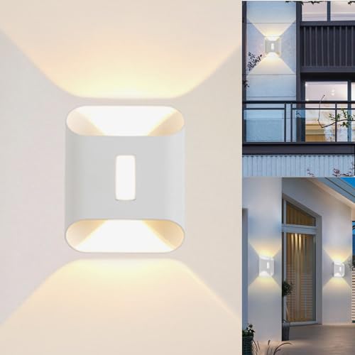 VOMI Aussenlampe Wand LED 7W IP65 Wasserdichte Wandleuchte Außen Up and Down Aussenleuchte Weiß Wandlampe aus Aluminium 3000K Warmweiss Außenleuchte Außenbeleuchtung für Haus Balkon Terrasse Zaun von VOMI