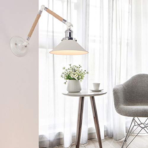 VOMI Hanfseil Wandleuchte E27 Industrielle Vintage Wandleuchte Langen Arm Einstellbare Wandlampe Creative Retro Nostalgischen Foldable Wandbeleuchtung für Schlafzimmer Flur Büro Restaurant Weiß von VOMI