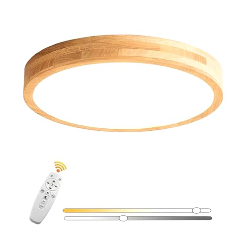 VOMI Holz LED Deckenleuchte Dimmbar mit Fernbedienung, Runde Deckenlampe 40cm 24W Decke Acryl Lampenschirm Moderne Deckenbeleuchtung für Schlafzimmer Arbeitszimmer Korridor Flur von VOMI