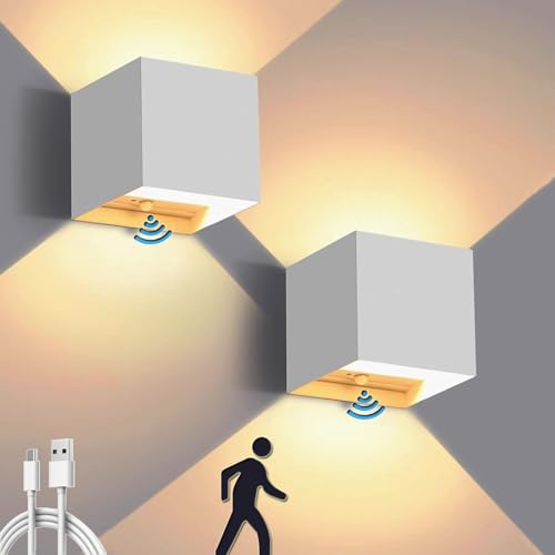 VOMI Kabellose Wandlampe Akku mit Bewegungsmelder, 6W Up Down Wandleuchte Innen 2er Set mit Schalter, USB Aufladbare Wandbeleuchtung für Flur Treppenhaus, Warmweiß 3000K von VOMI