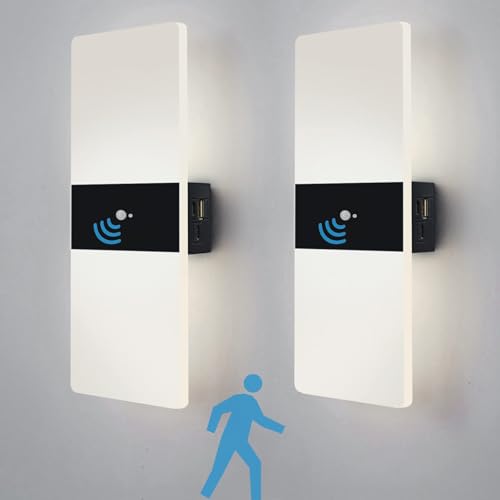 VOMI LED Kabellose Wandleuchte innen mit Bewegungsmelder, Acryl Akku Wandlampe Ohne Stromanschluss USB Aufladbar Wandbeleuchtung mit 4000mAh Batterie für Flur Treppen, 2st Weißes Licht von VOMI