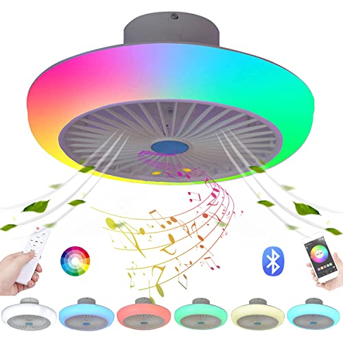 VOMI LED RGB Deckenventilator mit Beleuchtung Licht Fernbedienung Leise Kinderzimmer Flach Farbwechsel Deckenleuchte mit Ventilator Dimmbar Musik Bluetooth Lautsprecher Schlafzimmer Rund Weiß von VOMI