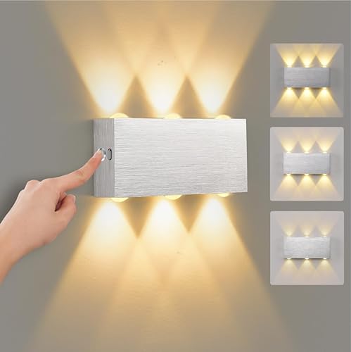 VOMI LED Wandleuchte Kabellos Aufladbar Akku Wandlampe Ohne Stromanschluss Up and Down Leuchten Innen Touch Control Einstellbare Helligkeit 6W Warmweiß Magnetische Wandbeleuchtung für Schlafzimmer von VOMI